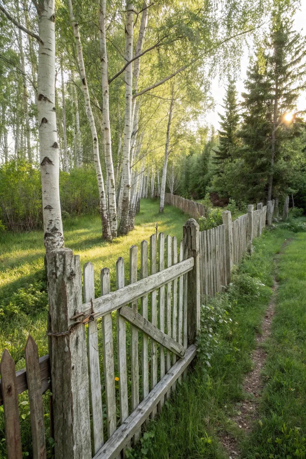 Rustic fences offer both privacy and aesthetic appeal to birch tree gardens.
