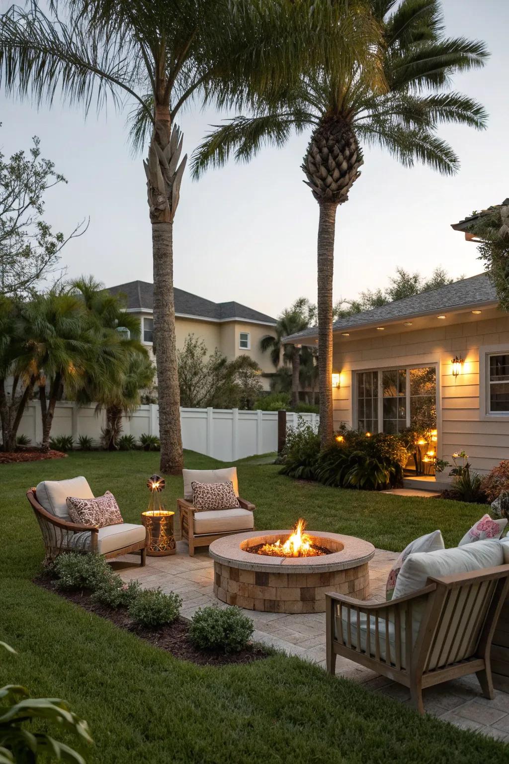 A fire pit area creates a cozy gathering spot.