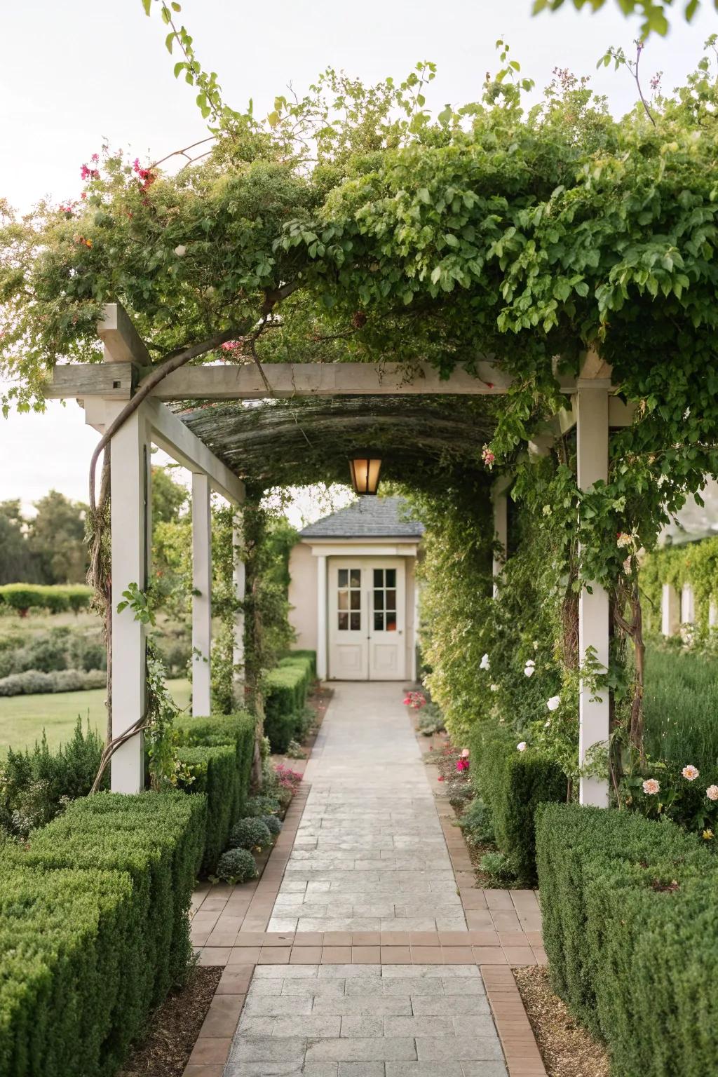 A trellis with climbing plants creates a stunning and inviting entrance to your walkway.