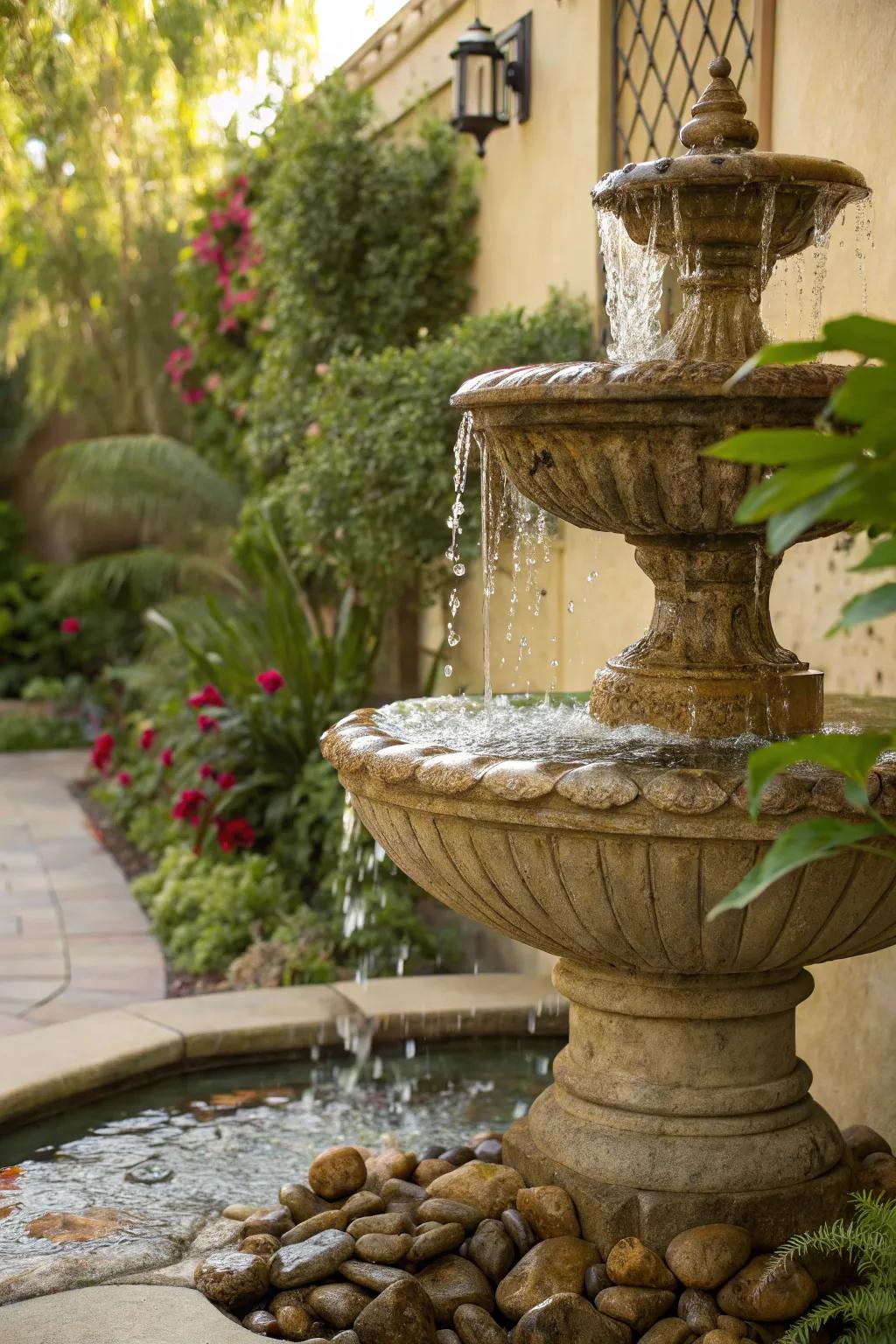 A wall fountain adds a calming element and visual interest to your landscape.