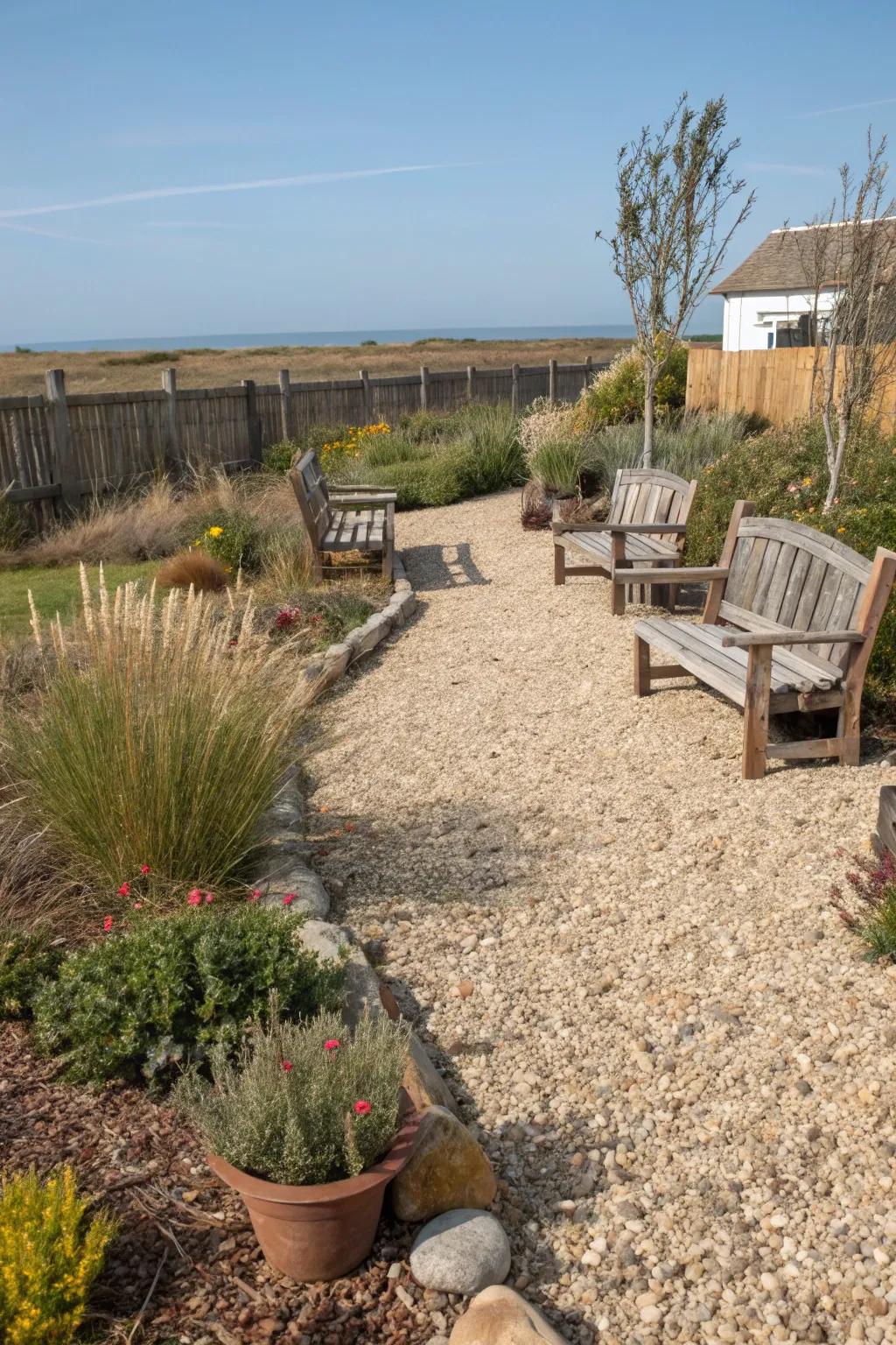 Gravel provides a rustic charm to this low-maintenance front yard.