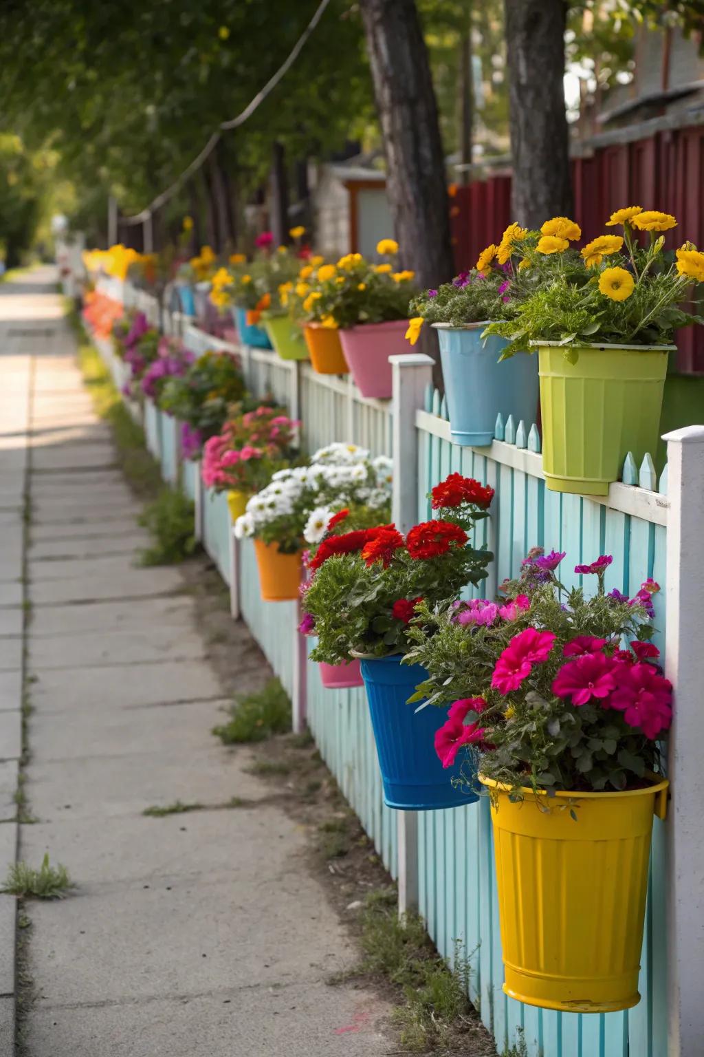 Colorful containers filled with flowers draw attention away from the fence.