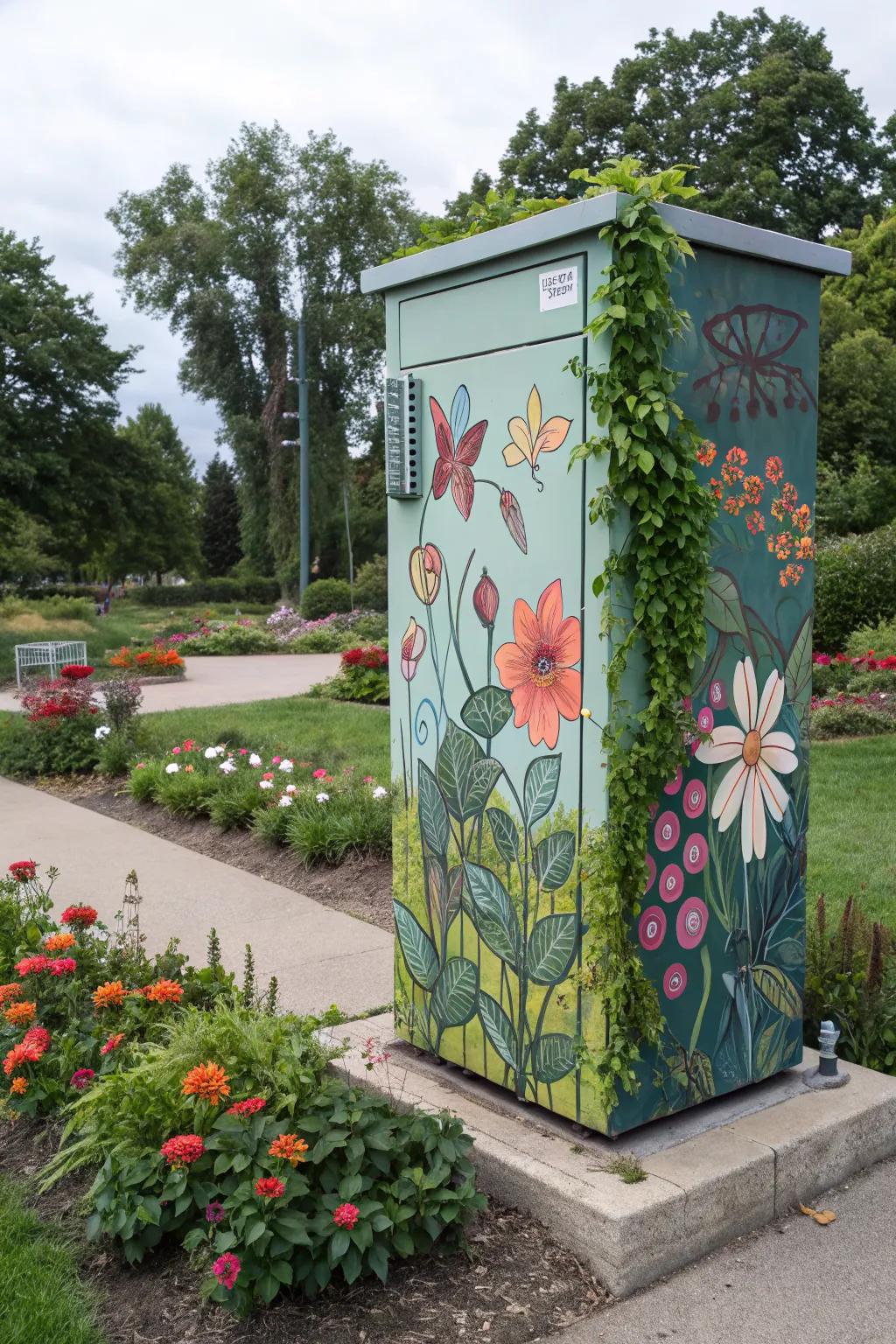 Artistic murals transform utility boxes into garden art.