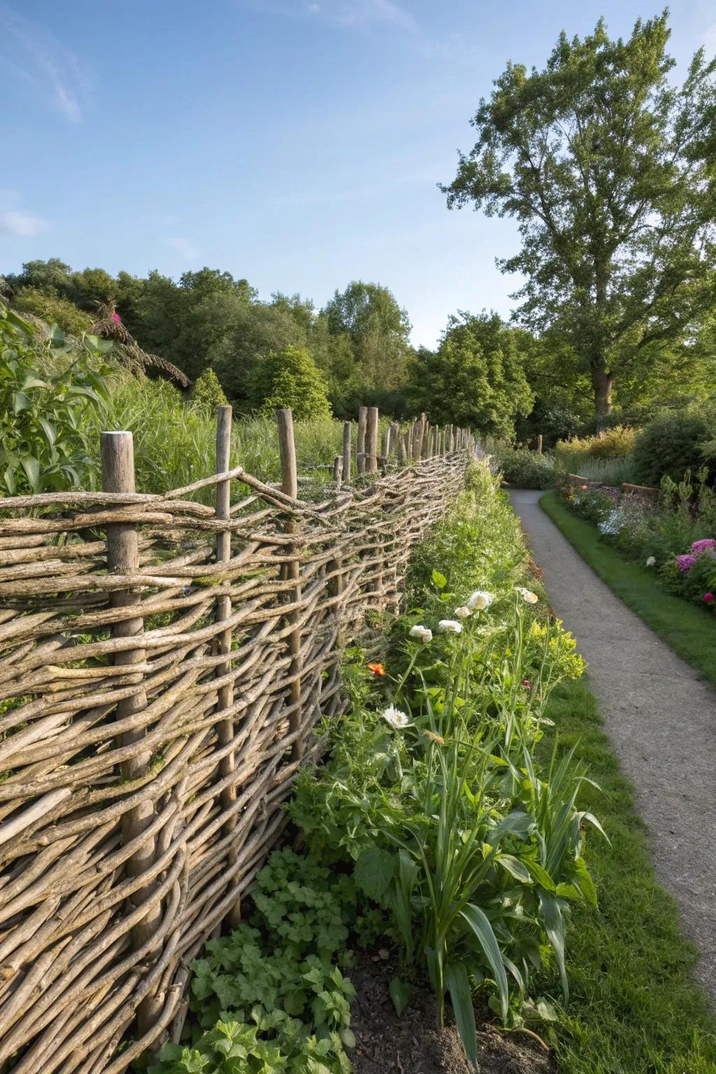 Rustic wattle fencing adding charm to the garden.