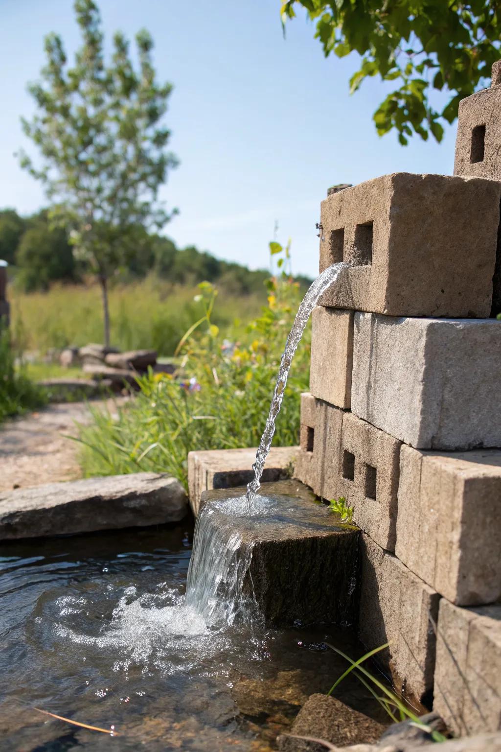 Soothing rustic water feature using cinder blocks.