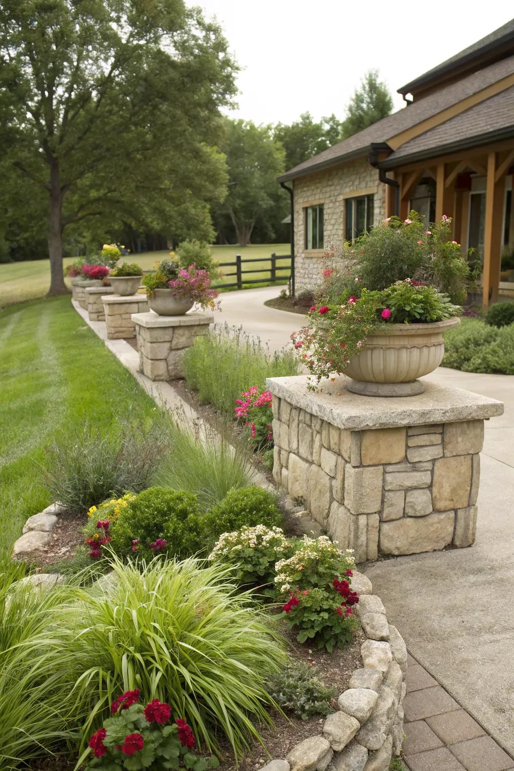 Rustic stone planters adding charm and practicality to a ranch-style garden.