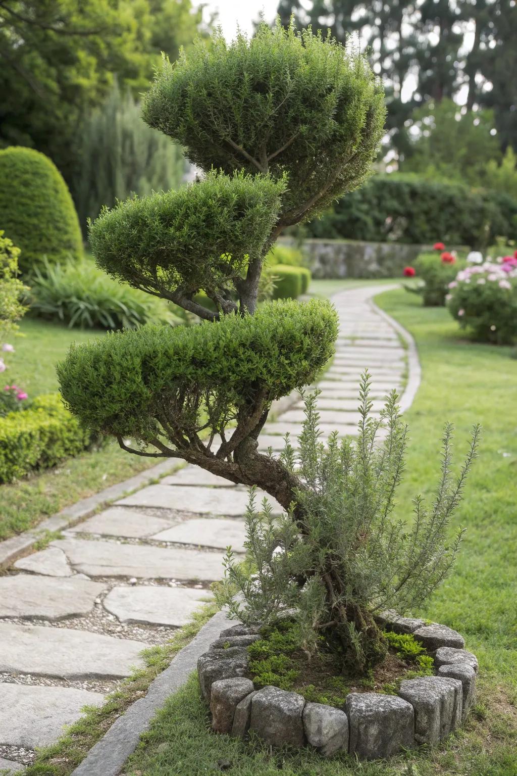 A rosemary bush artistically pruned into a topiary shape.