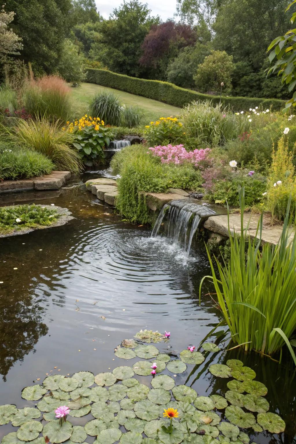 Water features add a soothing ambiance to garden landscapes.