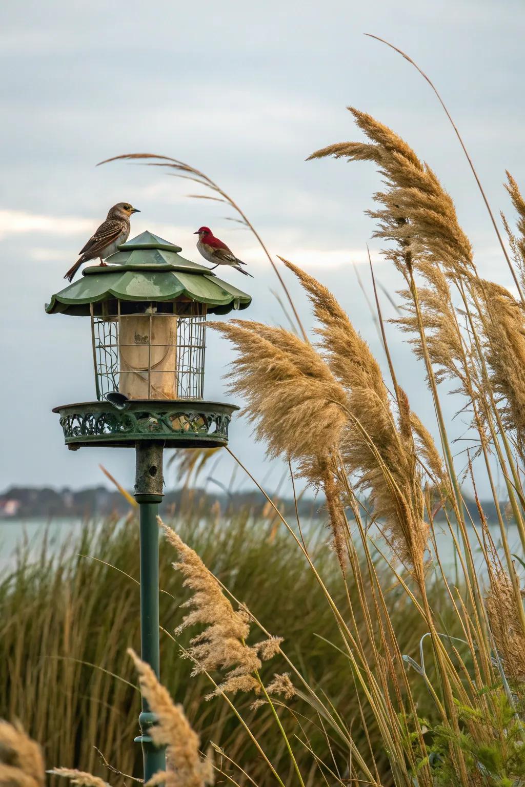 Native grasses offer a natural and harmonious look around bird feeders.