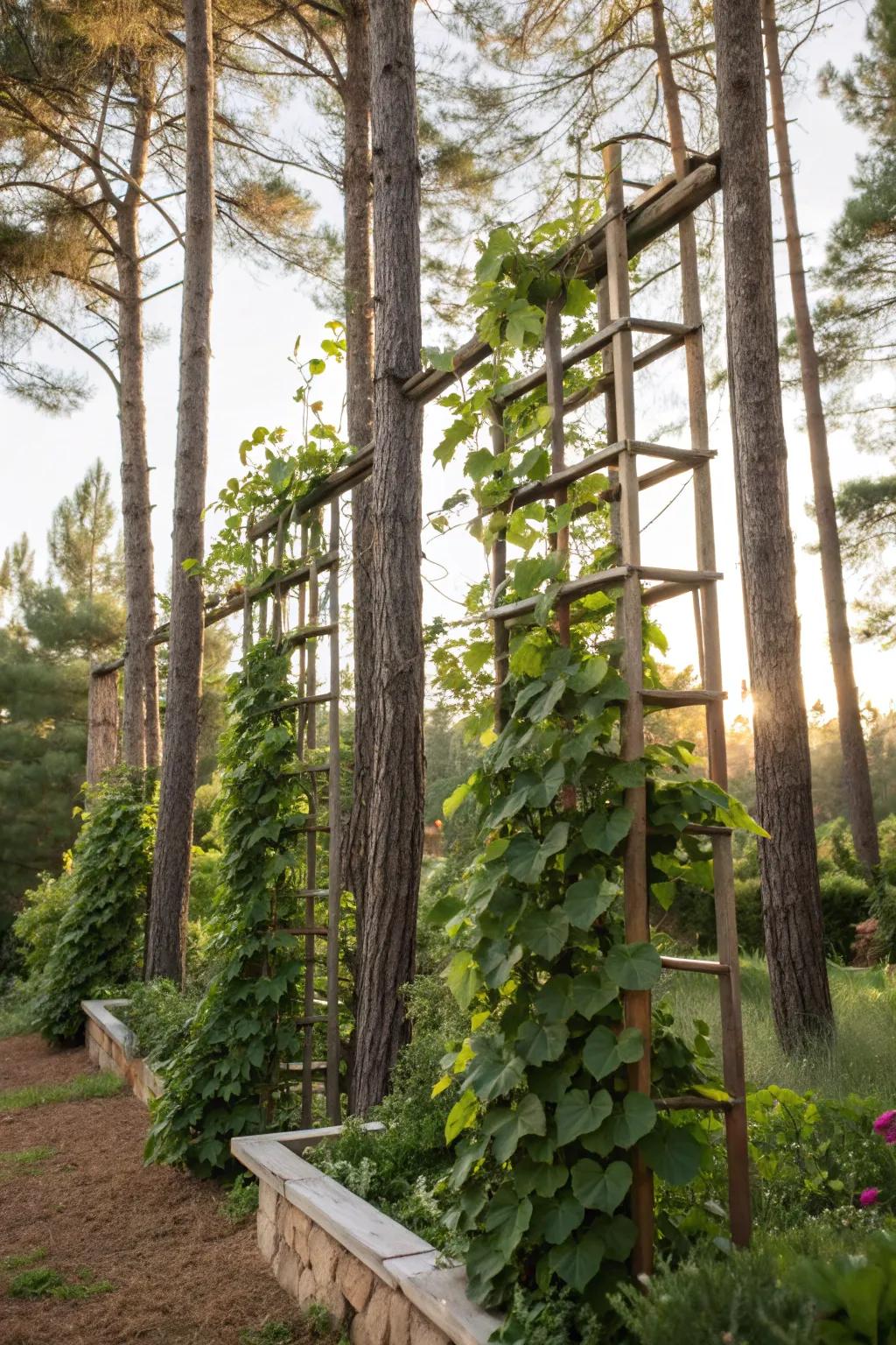 Vertical gardening creating height and interest under pines.