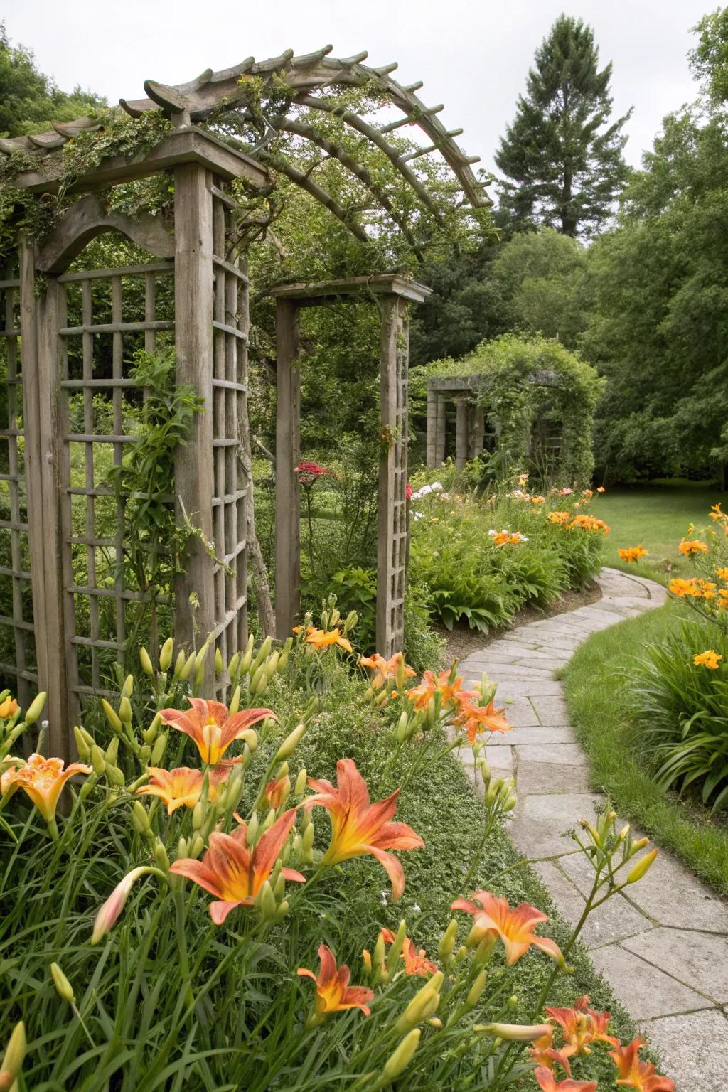 Daylilies accenting garden structures.
