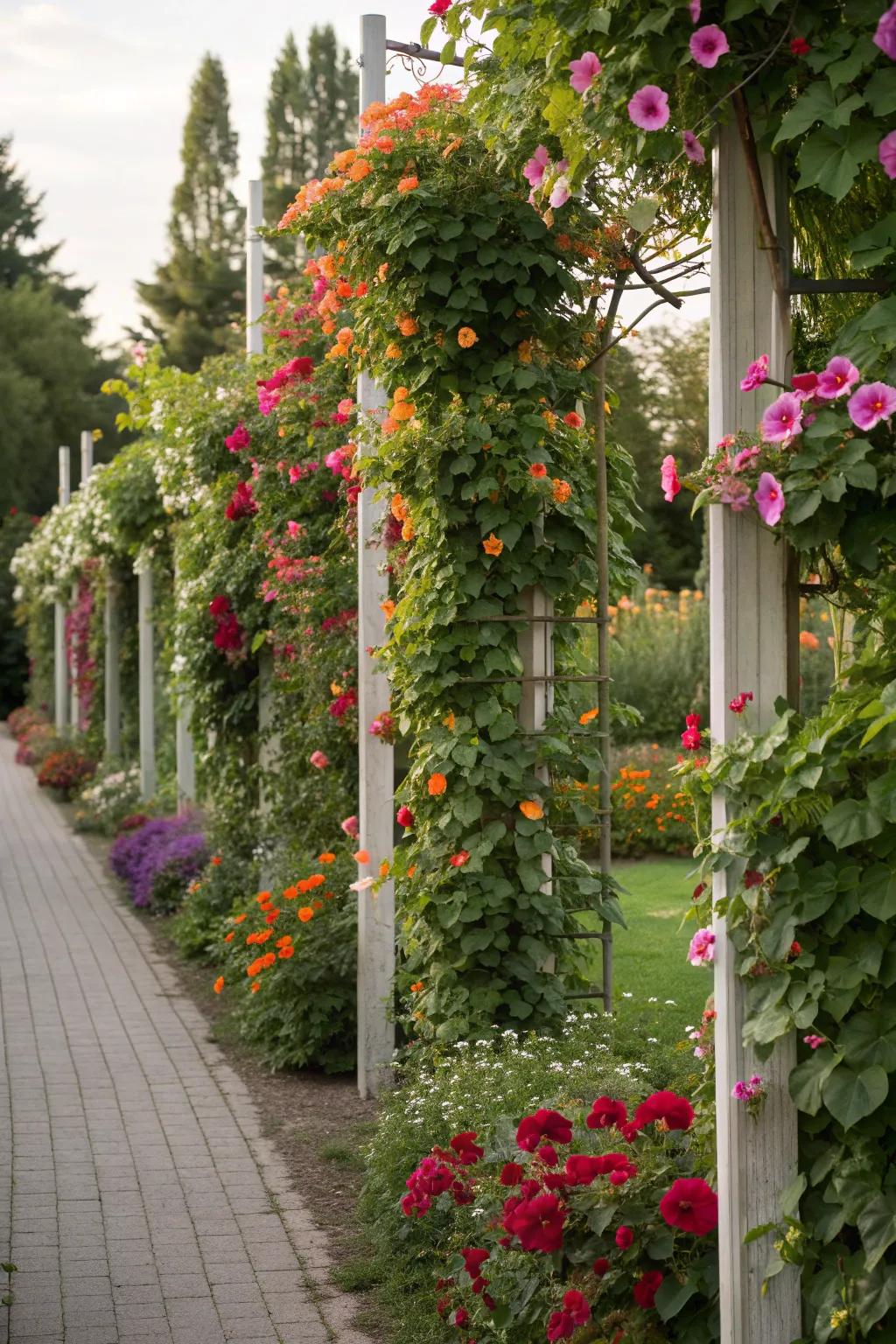 Vertical space utilized with climbing flowers for a stunning display.