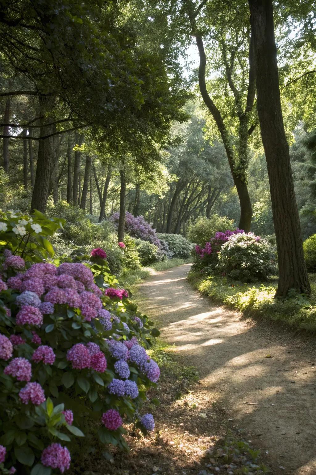 Hydrangeas bring vibrant color to shaded woodland gardens.