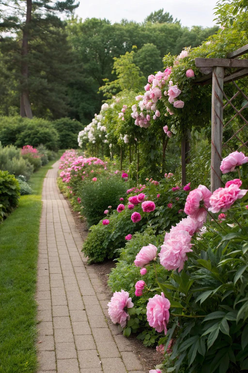 Peonies providing graceful edging along a garden path.