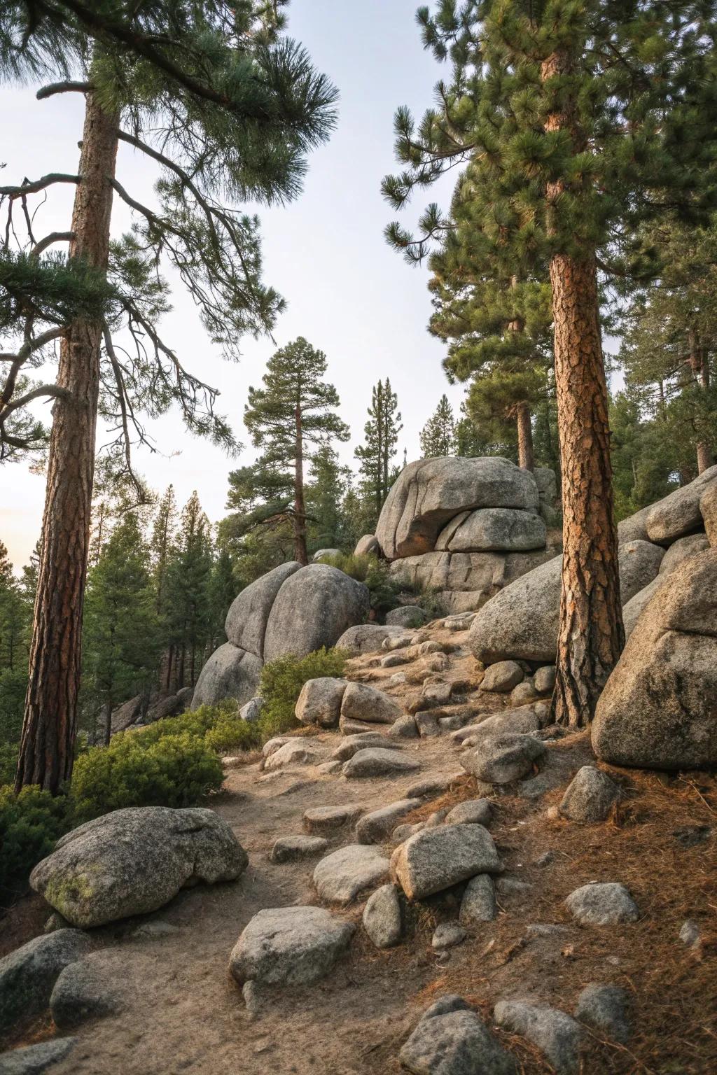 Stone elements enhance the rustic appeal of pine trees.