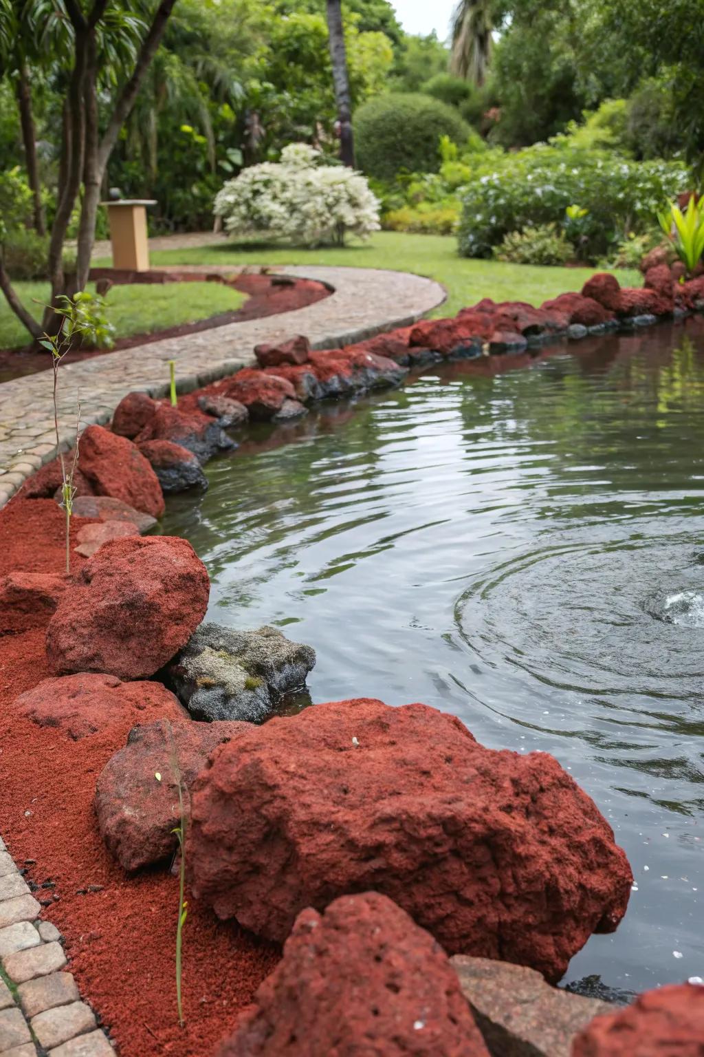 Red lava rocks accentuate and enhance water features.