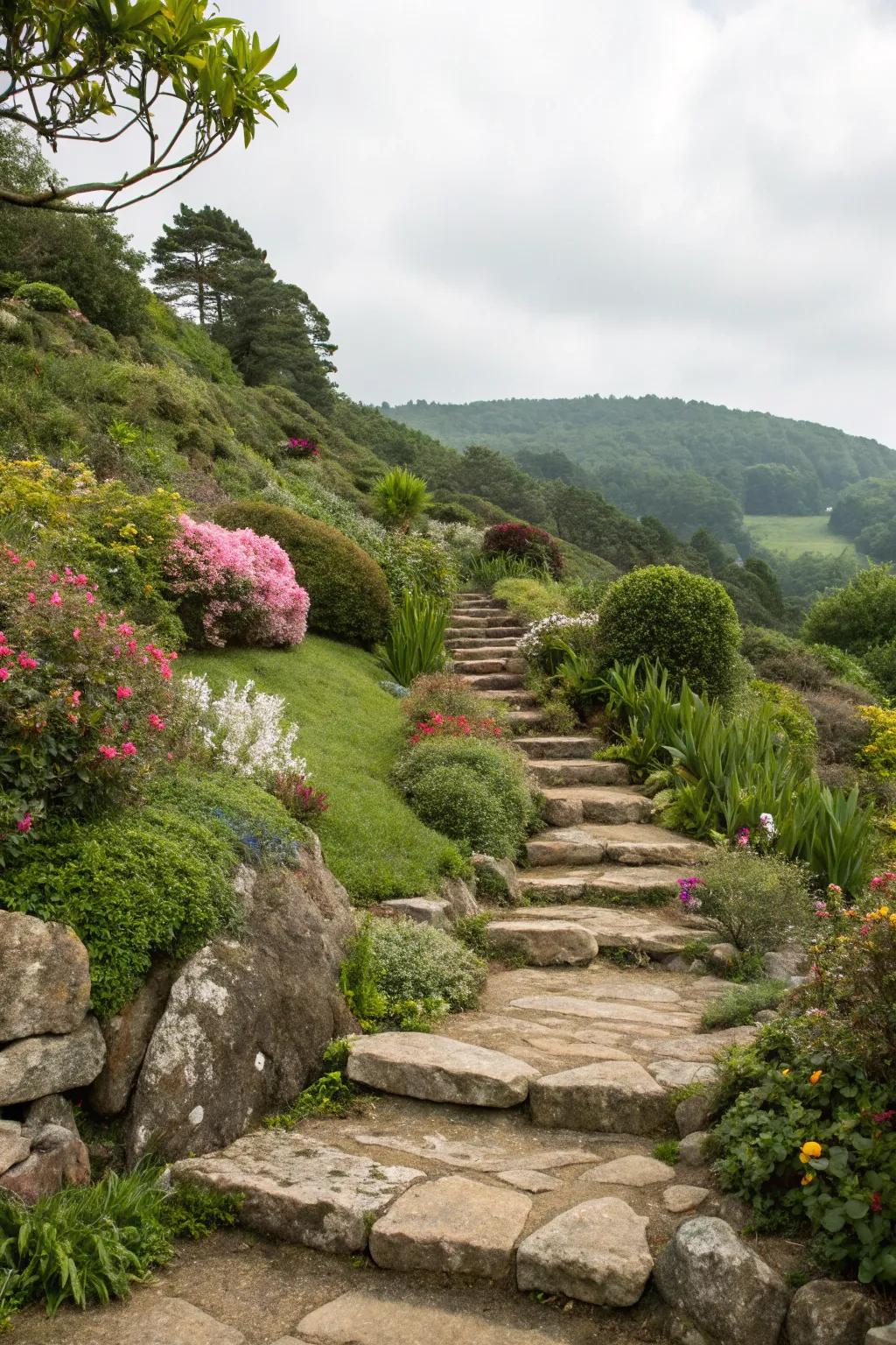 A majestic rock stairway enhancing garden access