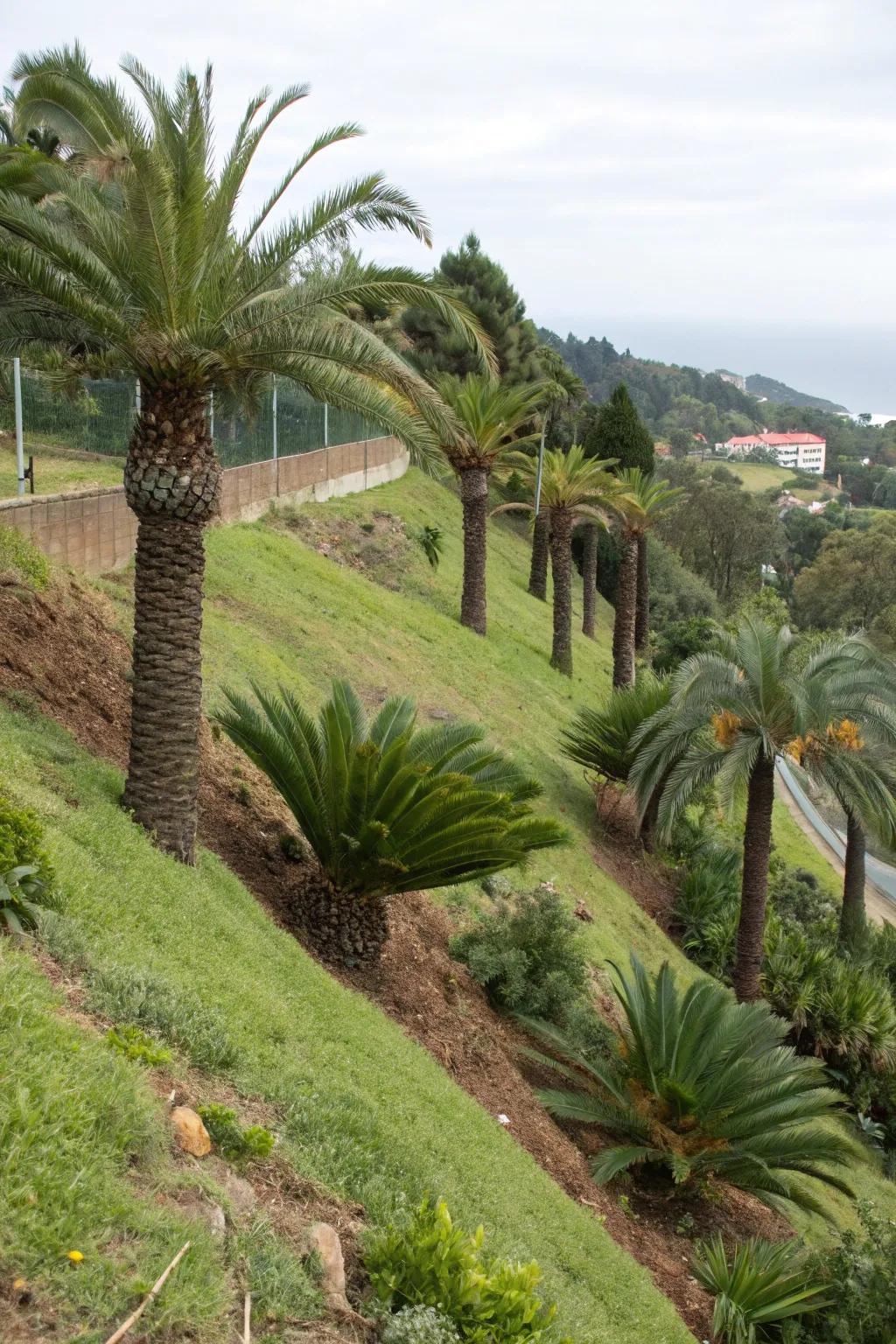 Utilize sago palms for eco-friendly erosion control on slopes.