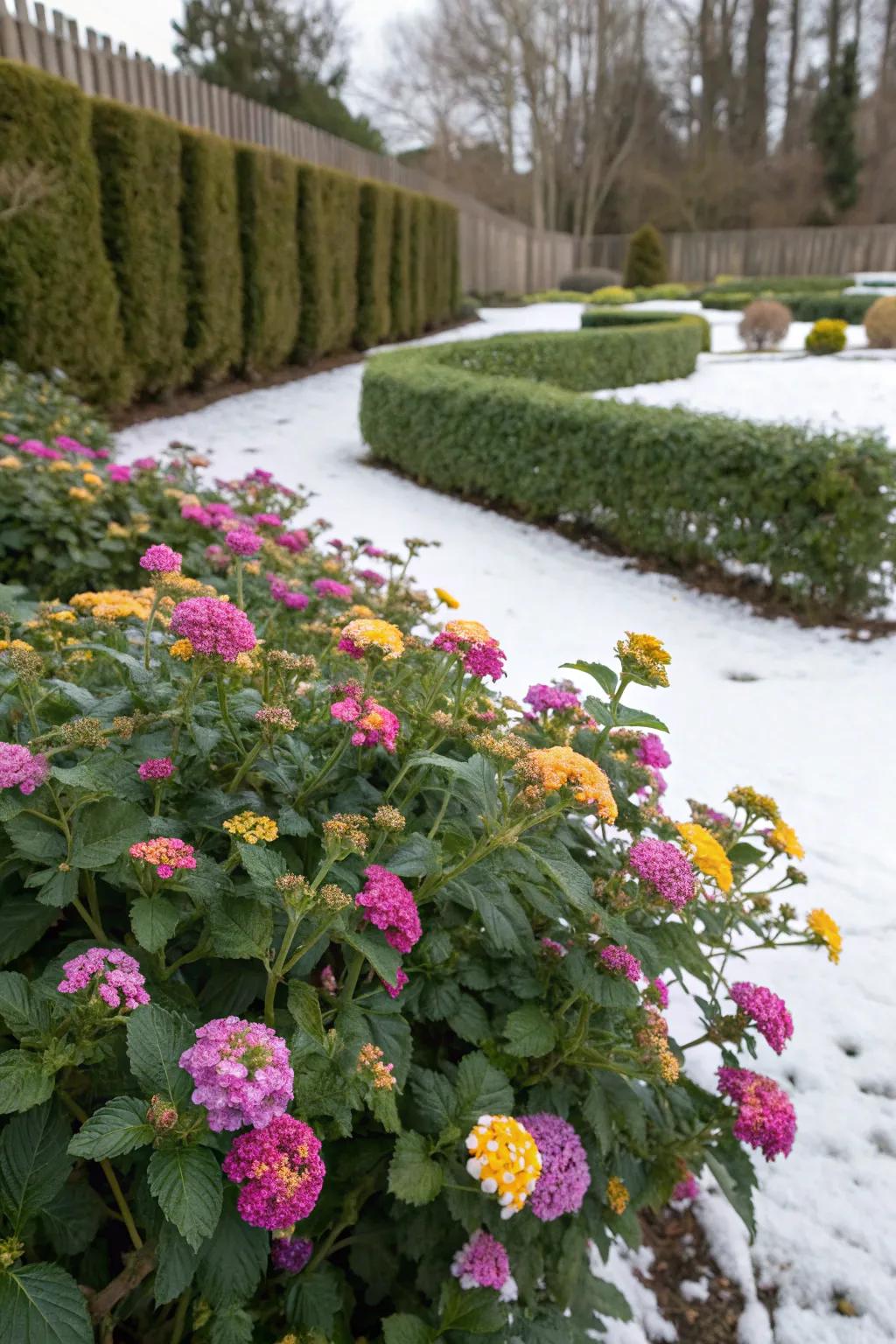 Evergreen lantanas keeping the garden vibrant during winter.