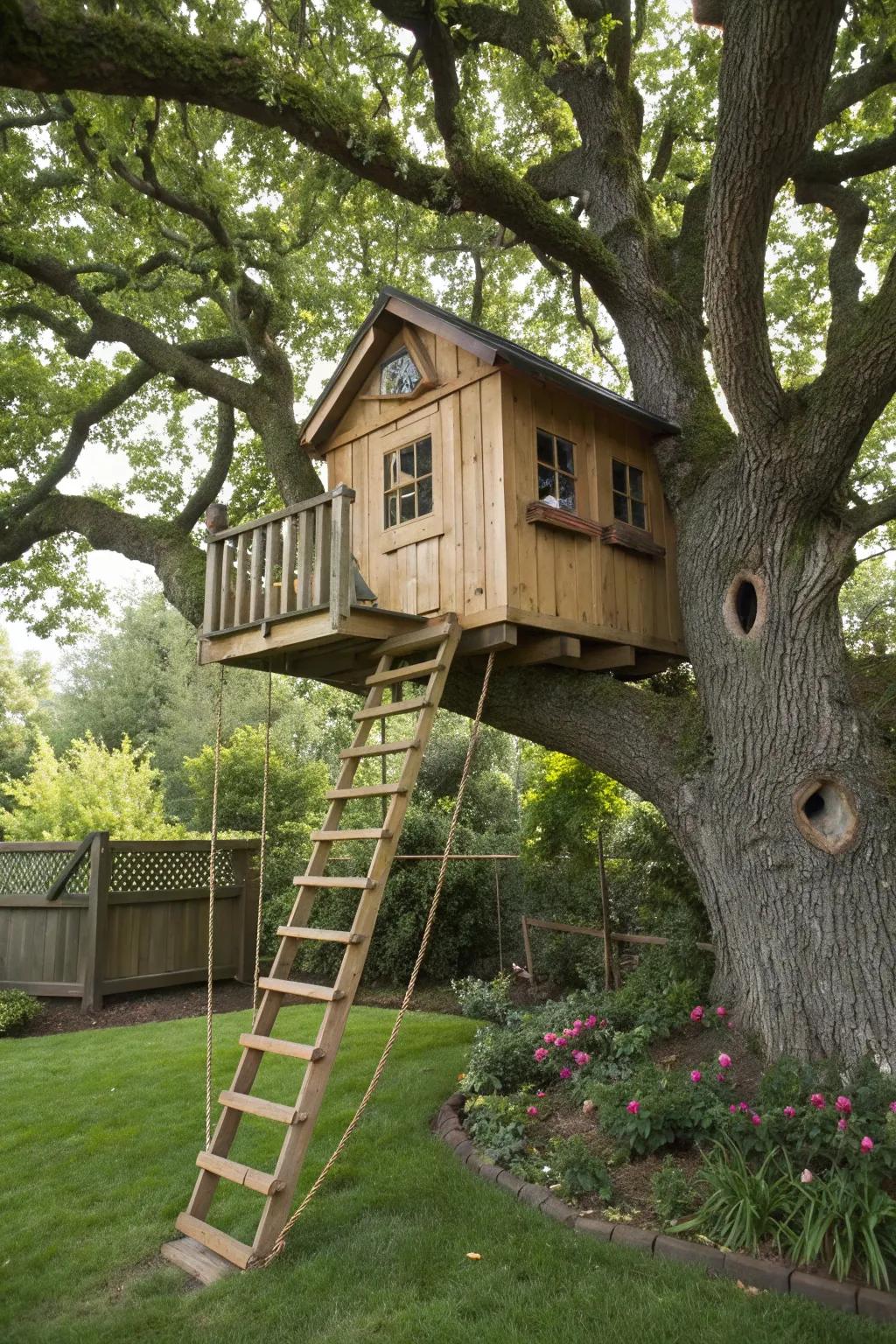 A treehouse adds adventure and fun to the backyard.