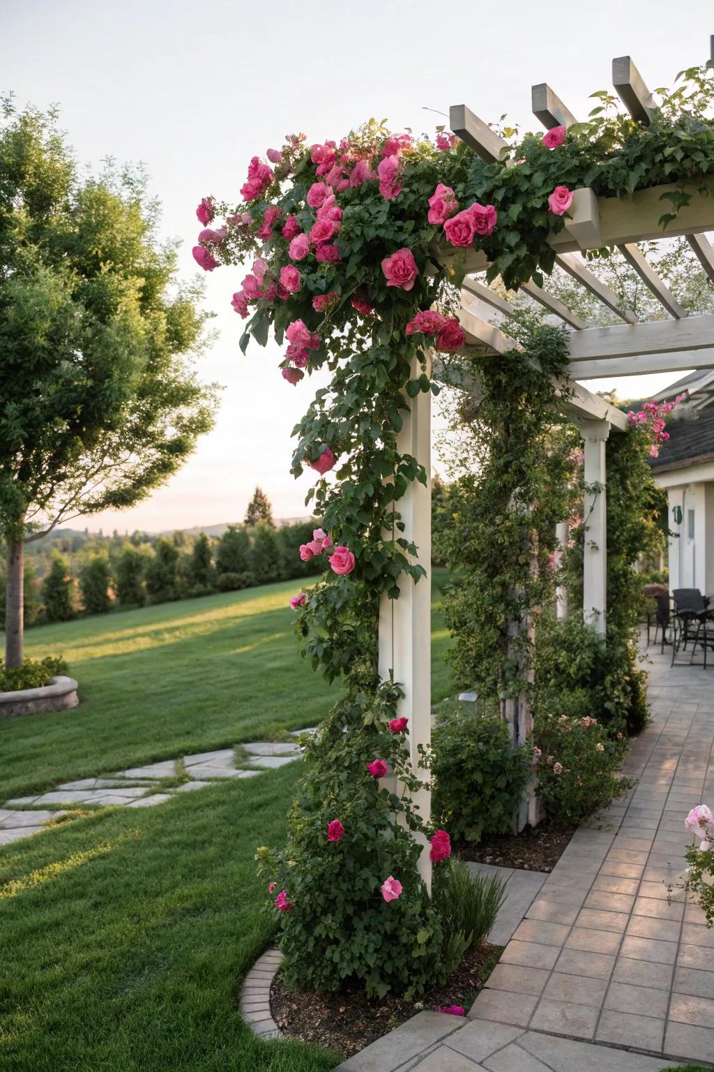 A pergola adds shade and creates a cozy outdoor retreat.