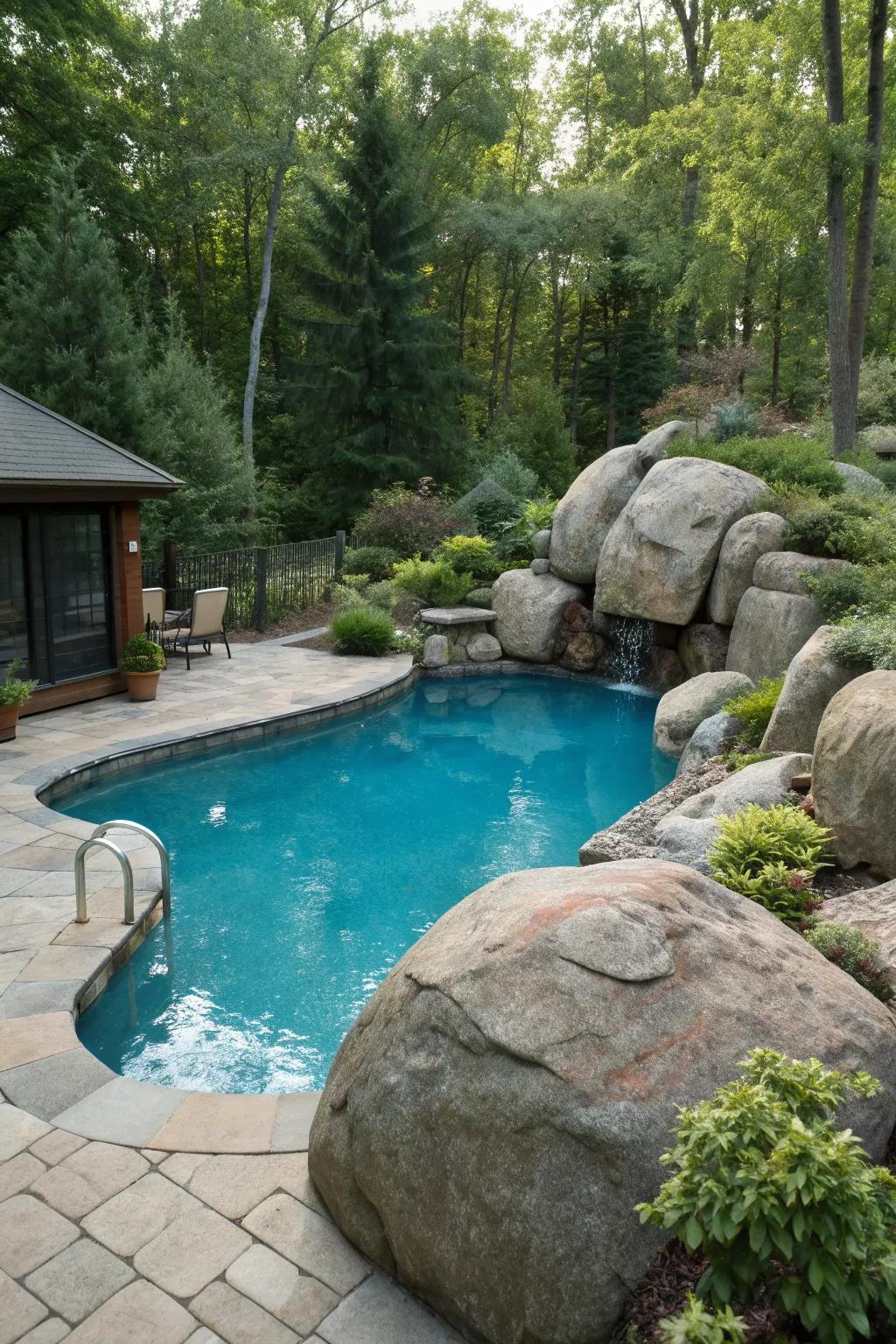 Boulders enhance poolside ambiance with natural elegance.