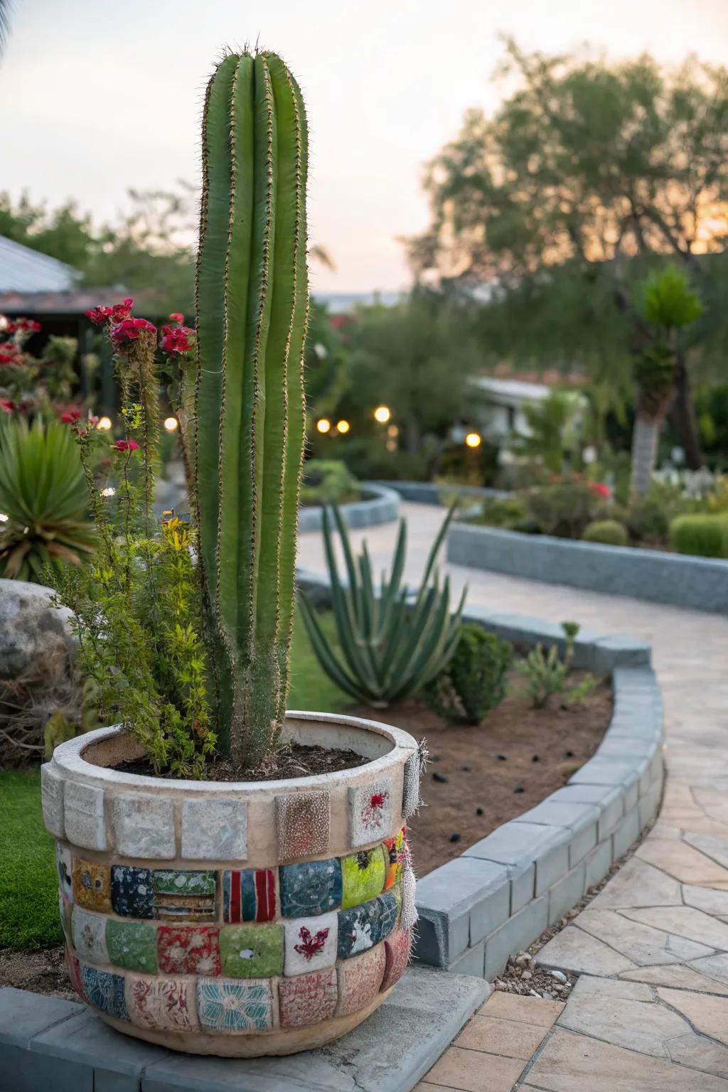 Recycled material planters provide a chic, eco-friendly option for cactus displays.