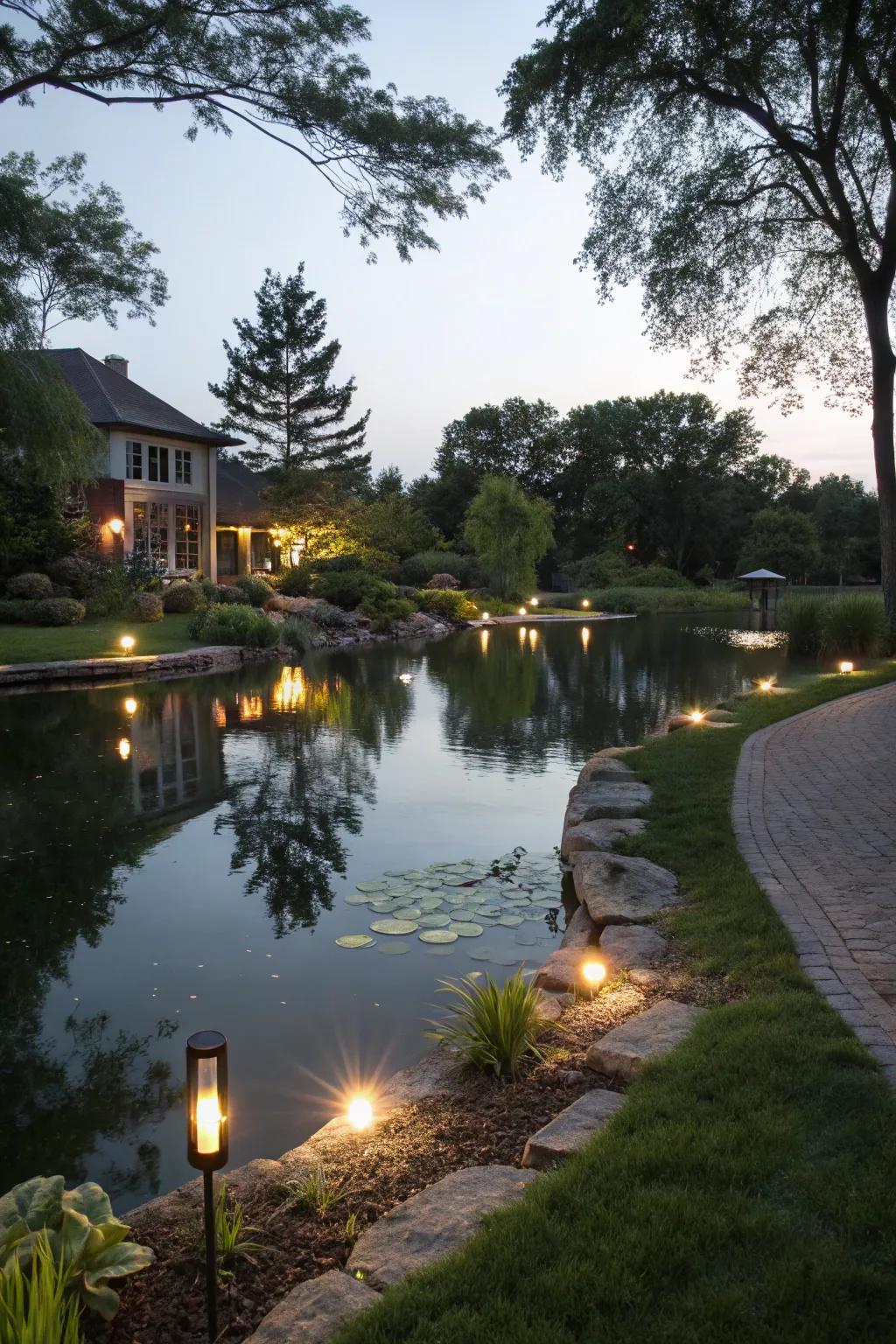 Underwater lighting transforms the pond into a nighttime wonder.