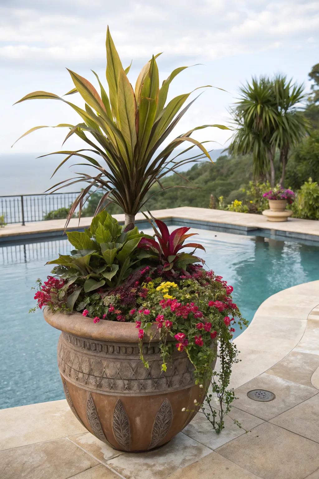 Make a bold statement with a single large poolside planter.