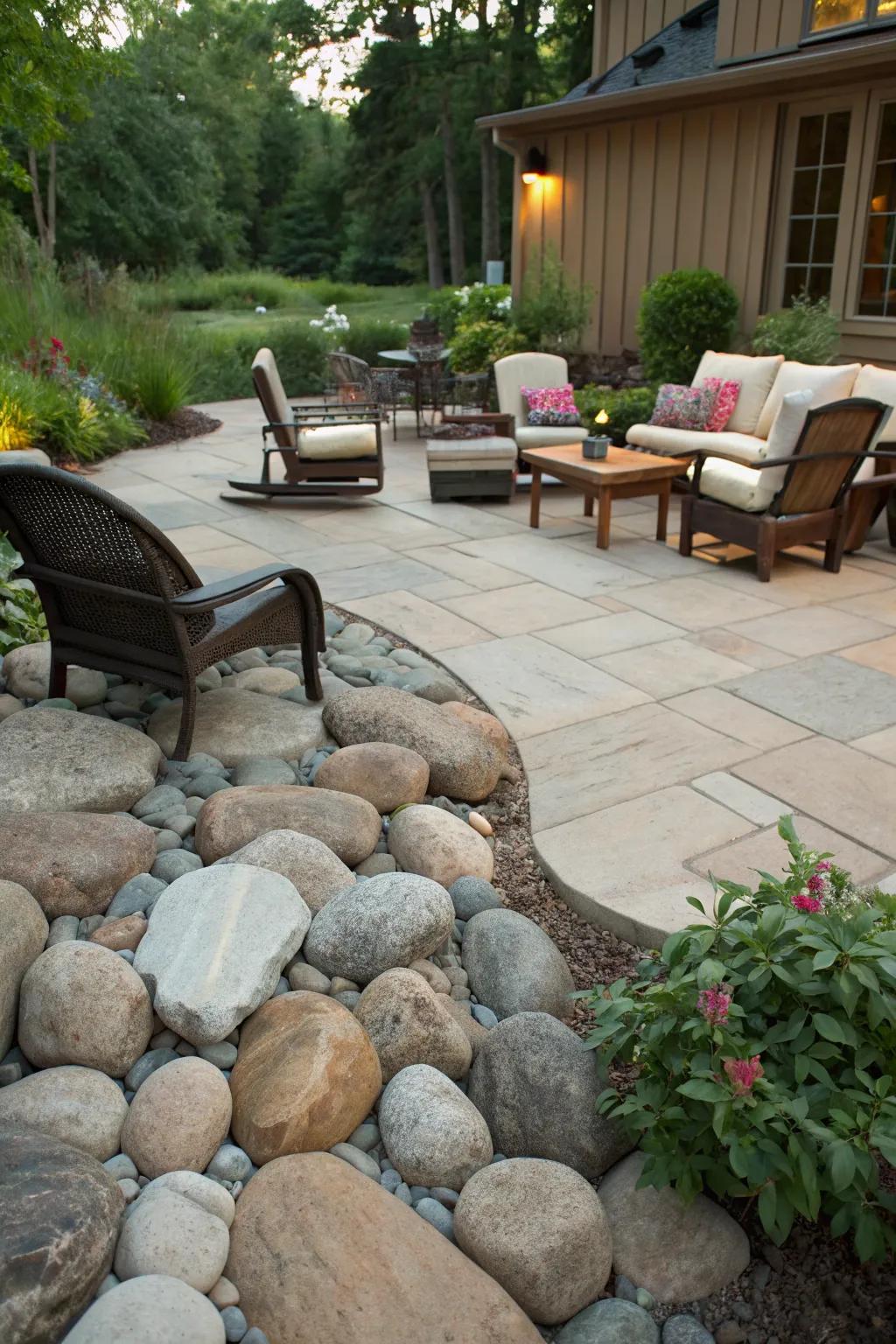 A pet-friendly patio featuring large river rocks.
