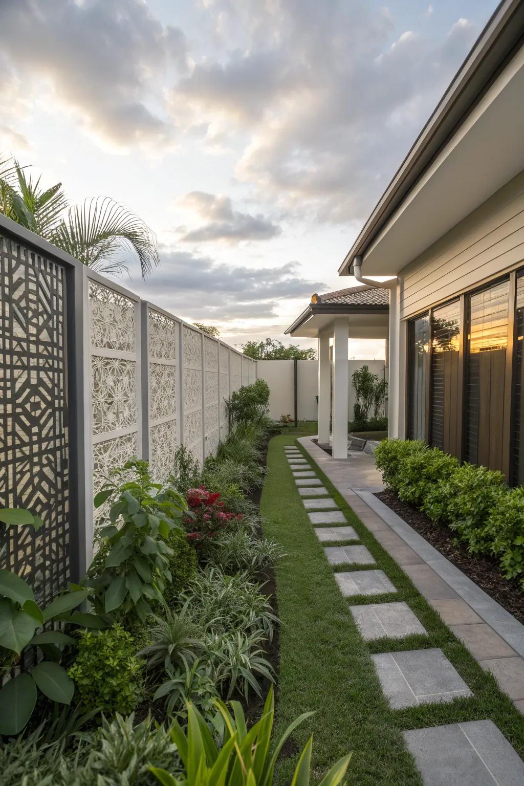 Decorative screening enhances privacy and adds a stylish element to your side yard.