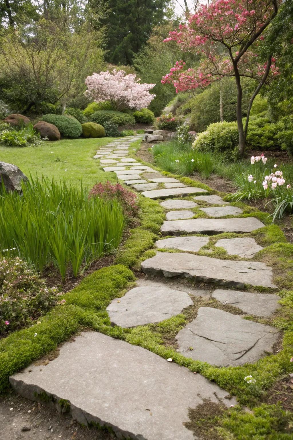 Moss growing between stones for a lush, integrated path.