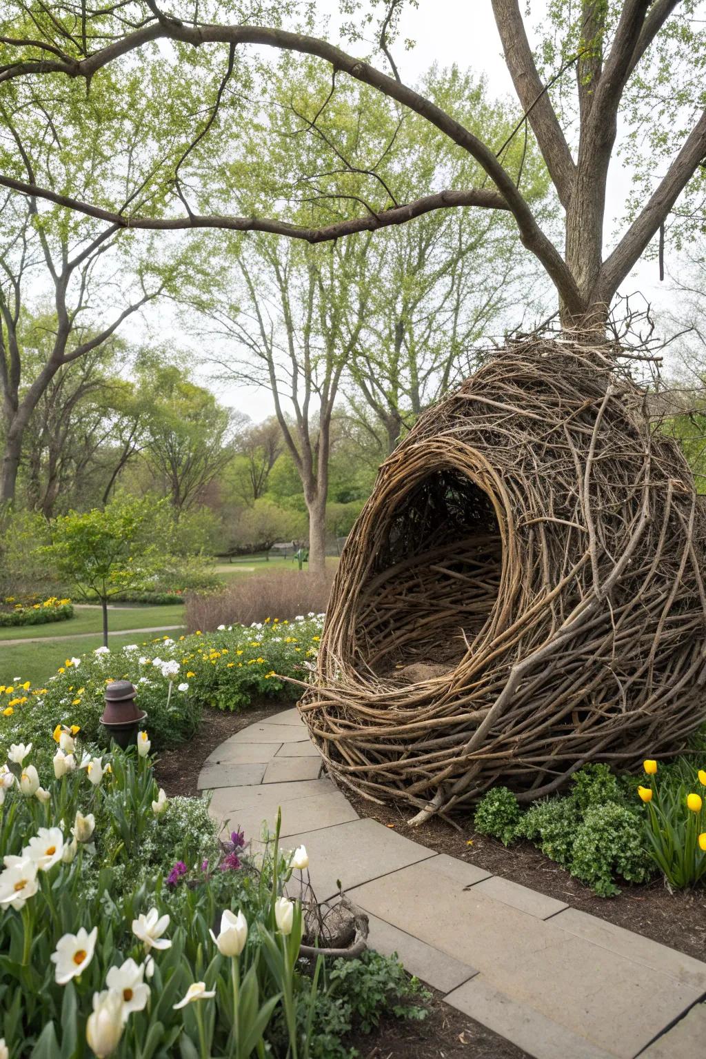 A giant bird nest adds a whimsical and natural element to your yard.
