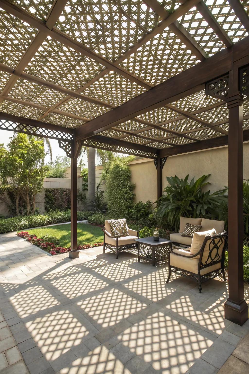 A mesmerizing patio with a lattice canopy creating beautiful shadow play.