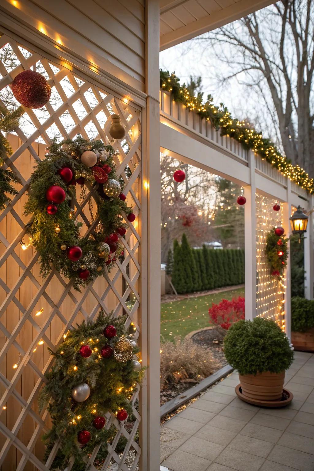 Seasonal decorations on lattice walls keep your patio dynamic.
