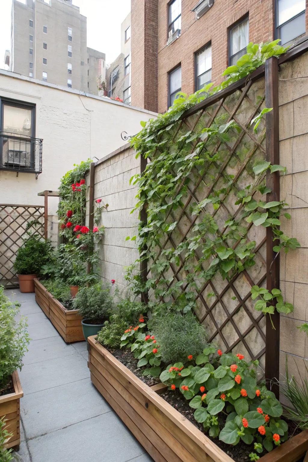 A wall-mounted lattice trellis with a vertical garden.
