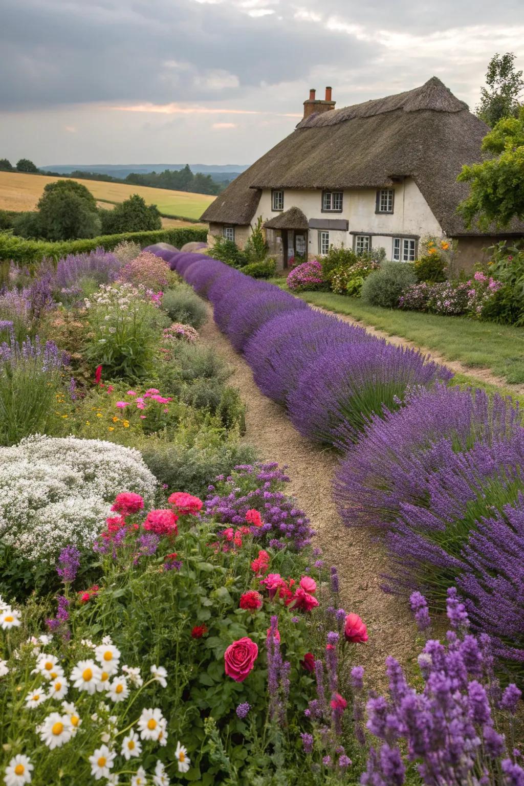 Cottage garden charm with lavender and classic blooms.