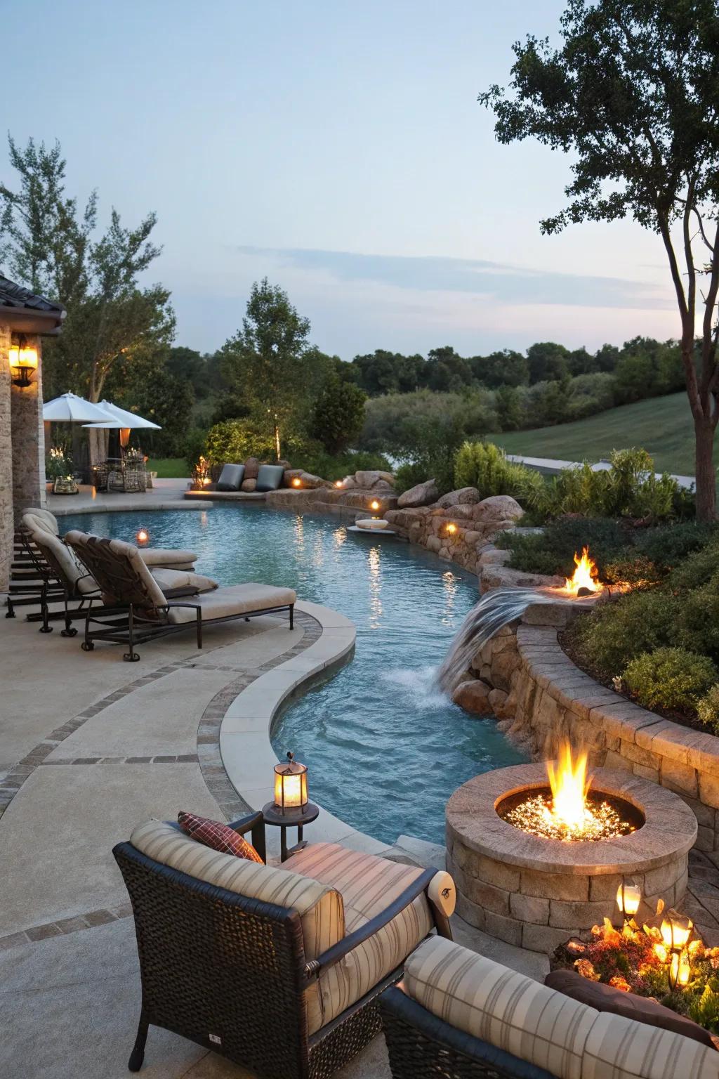 A lazy river pool with stunning fire features, creating a cozy and inviting ambiance.