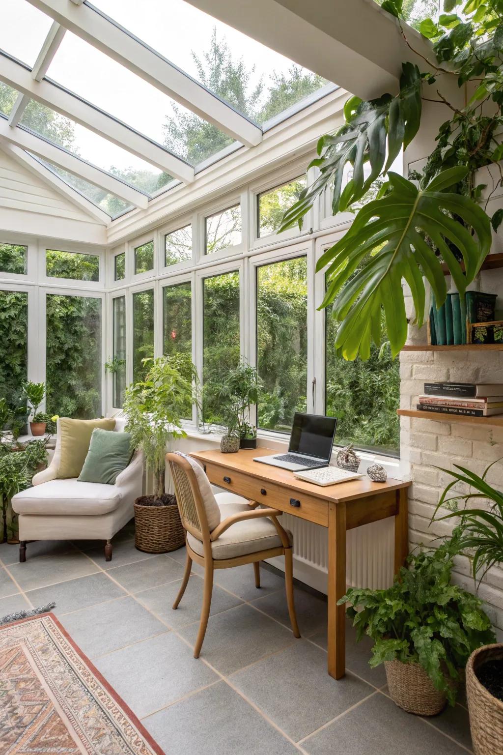 A multi-functional lean-to conservatory perfect for work and relaxation.