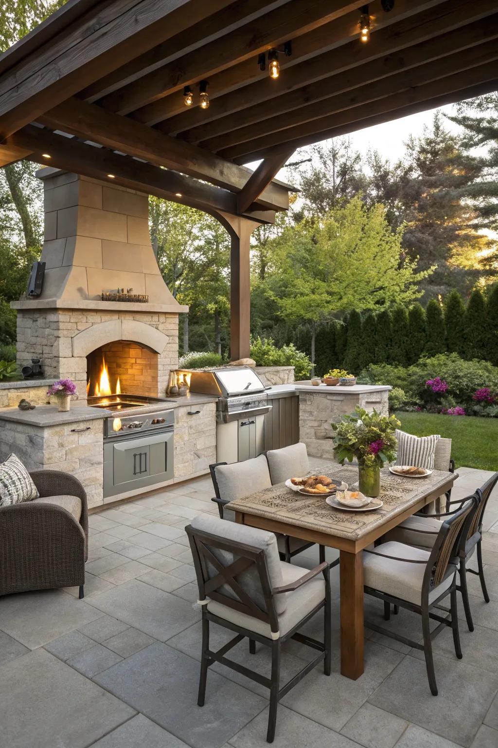 An outdoor fireplace brings warmth to your kitchen.