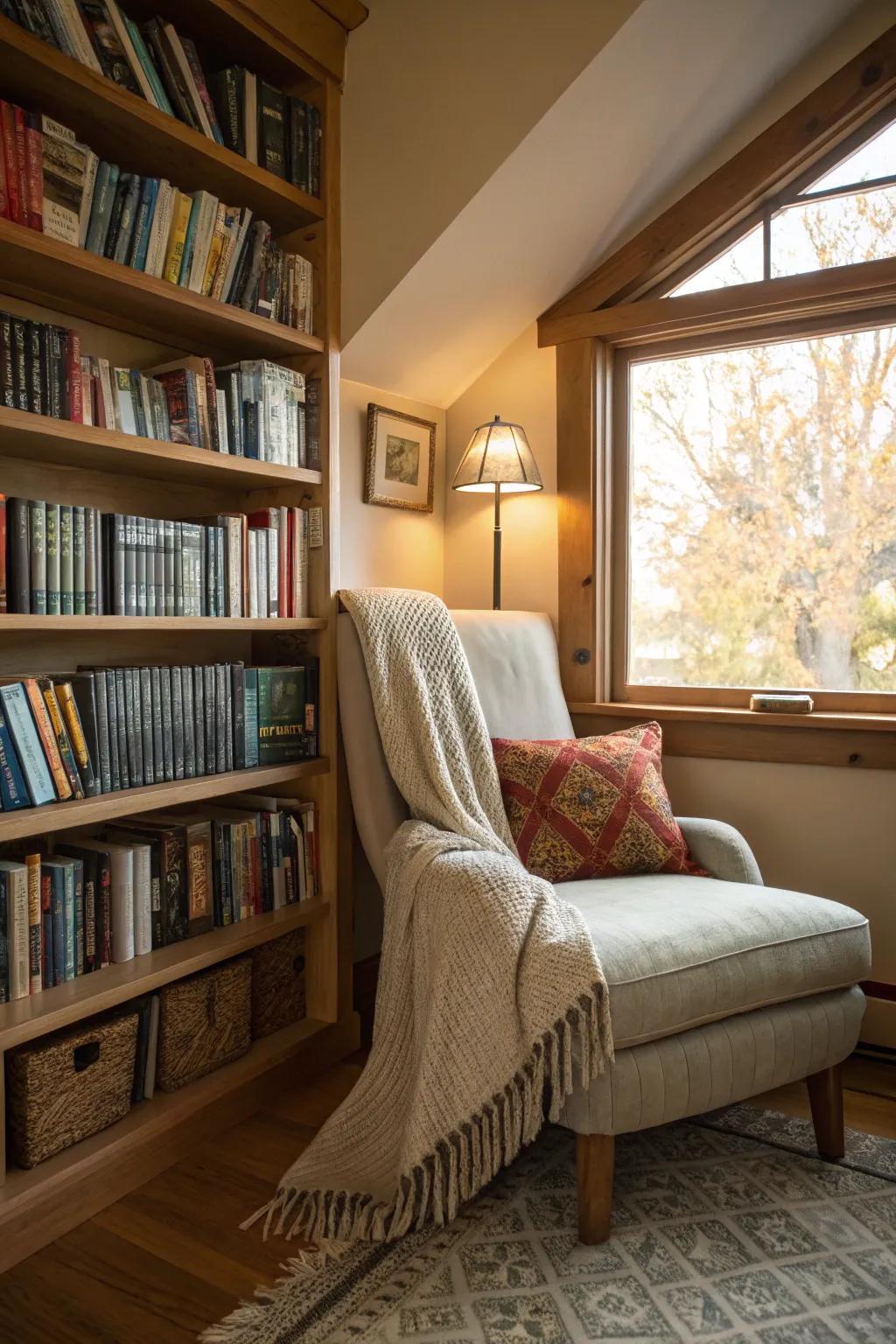 A charming reading nook nestled within a lean-to shed.