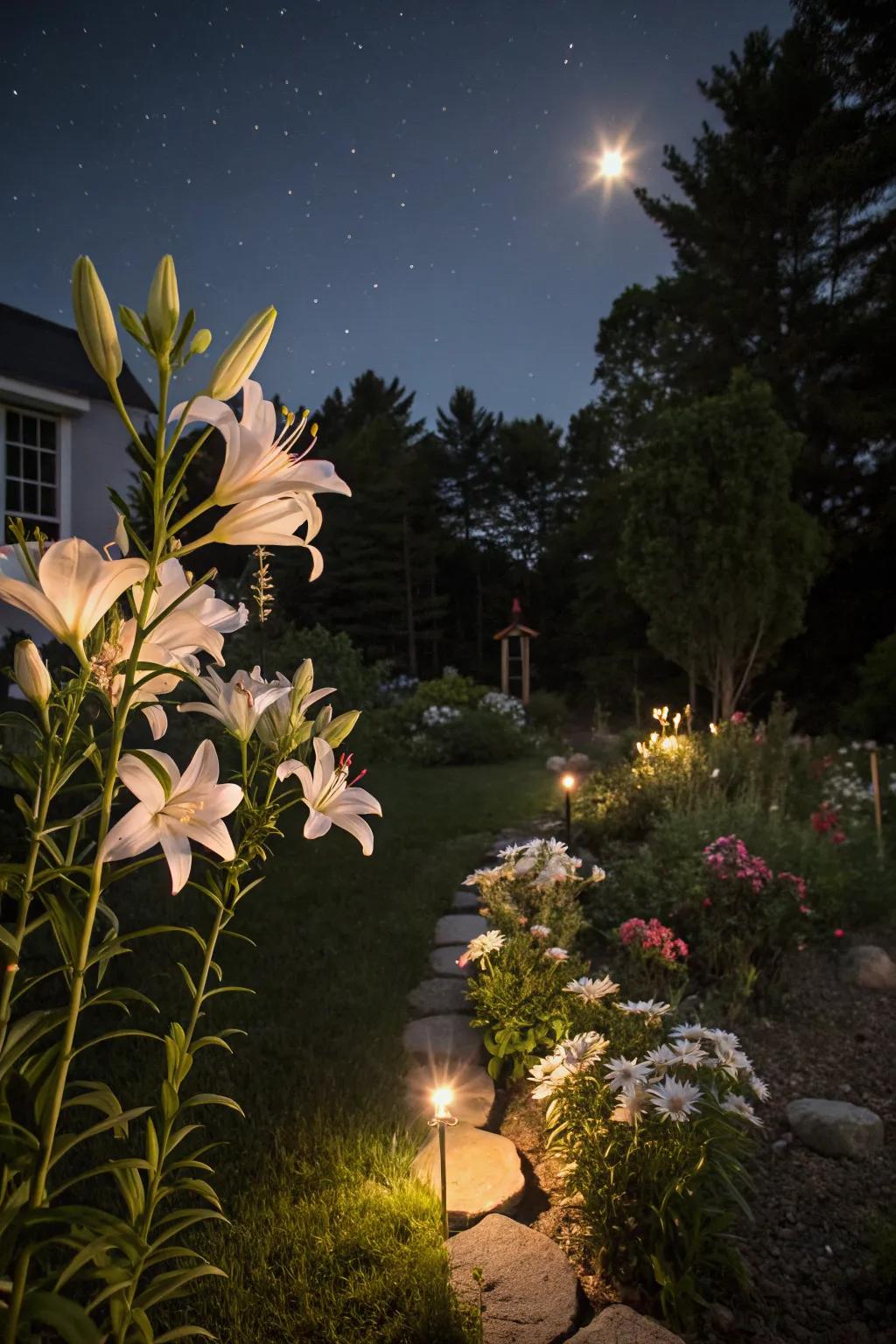 A night garden oasis with enchanting lilies.