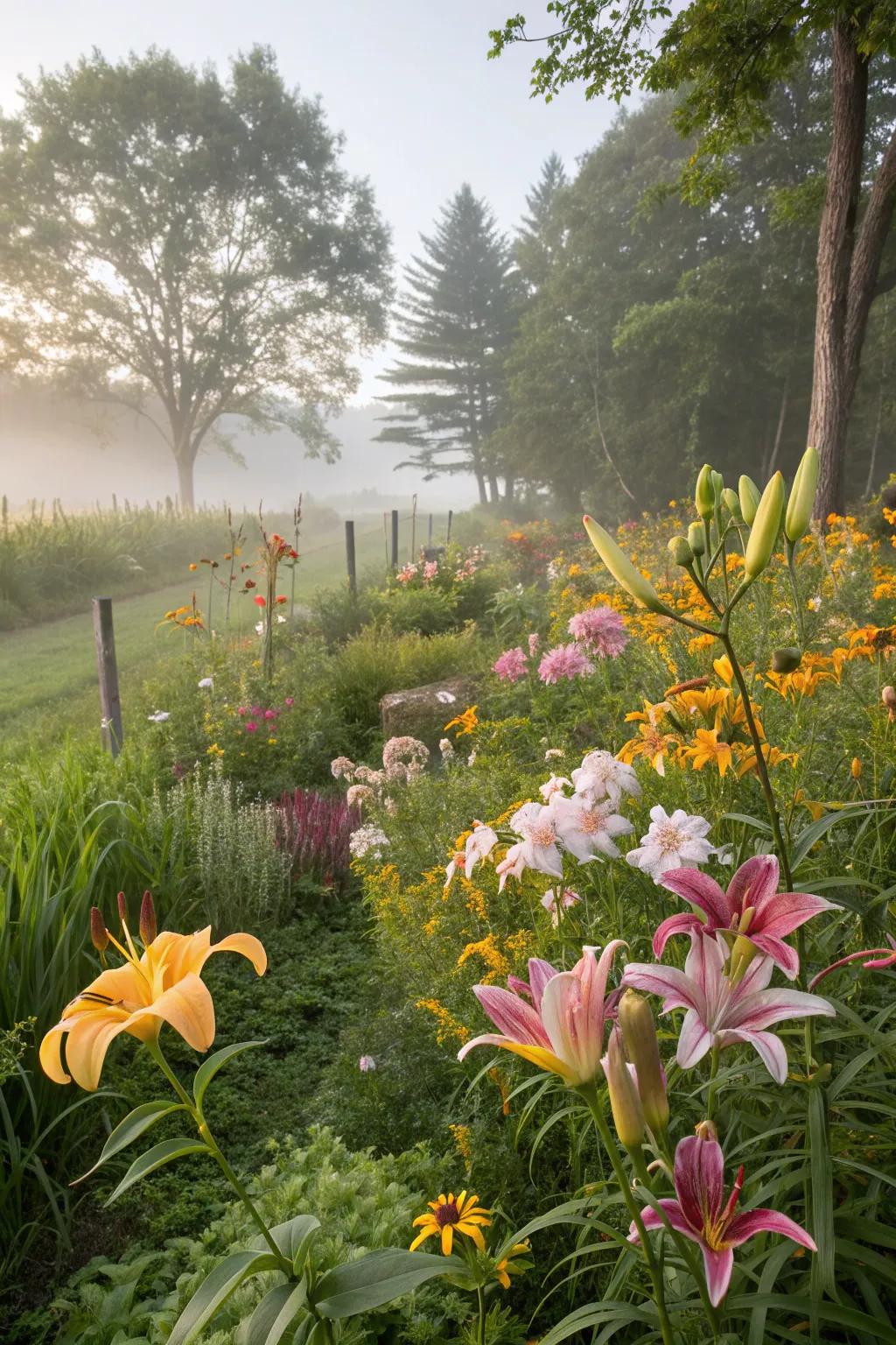 Lilies mixed with wildflowers for a natural look
