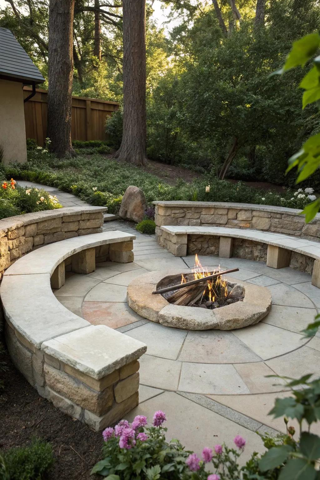 Limestone benches provide stylish seating solutions.