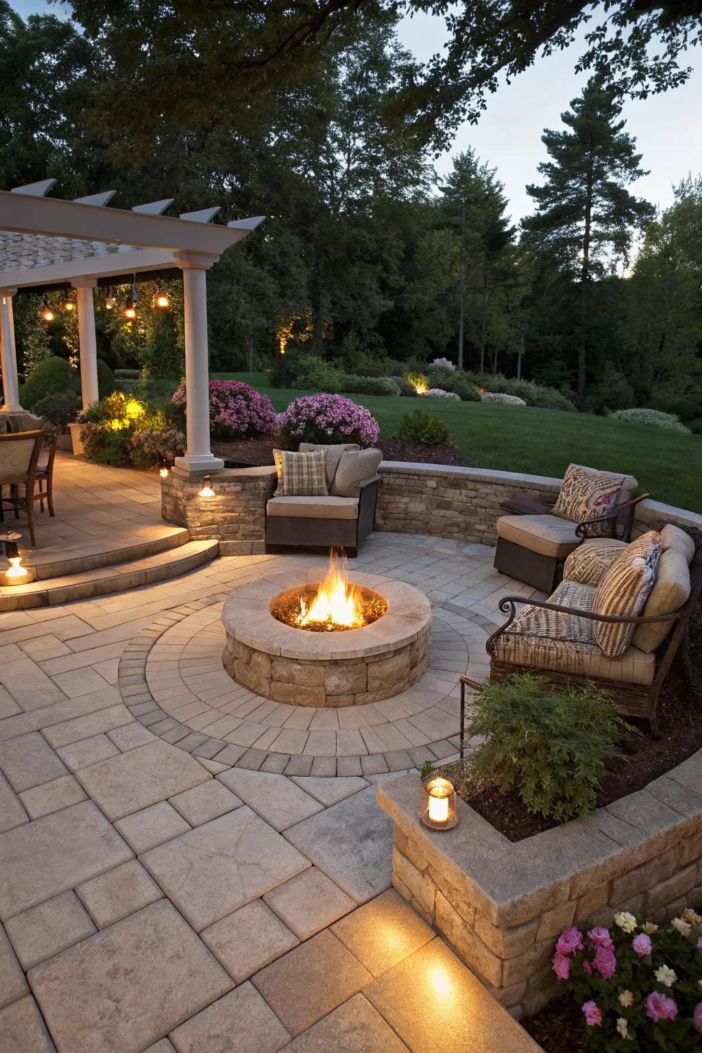 A fire pit creates a cozy and inviting gathering spot.