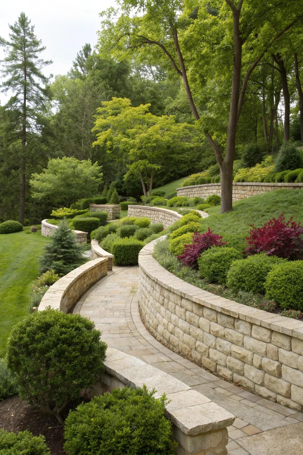 Curved limestone walls offer a graceful garden design.