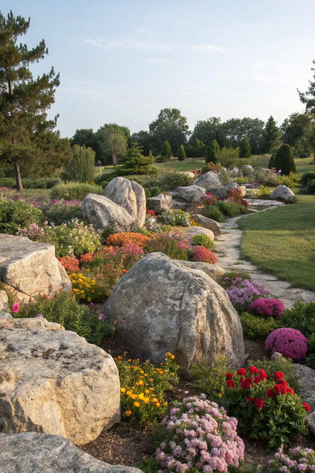 Limestone boulders create dramatic focal points in the garden.