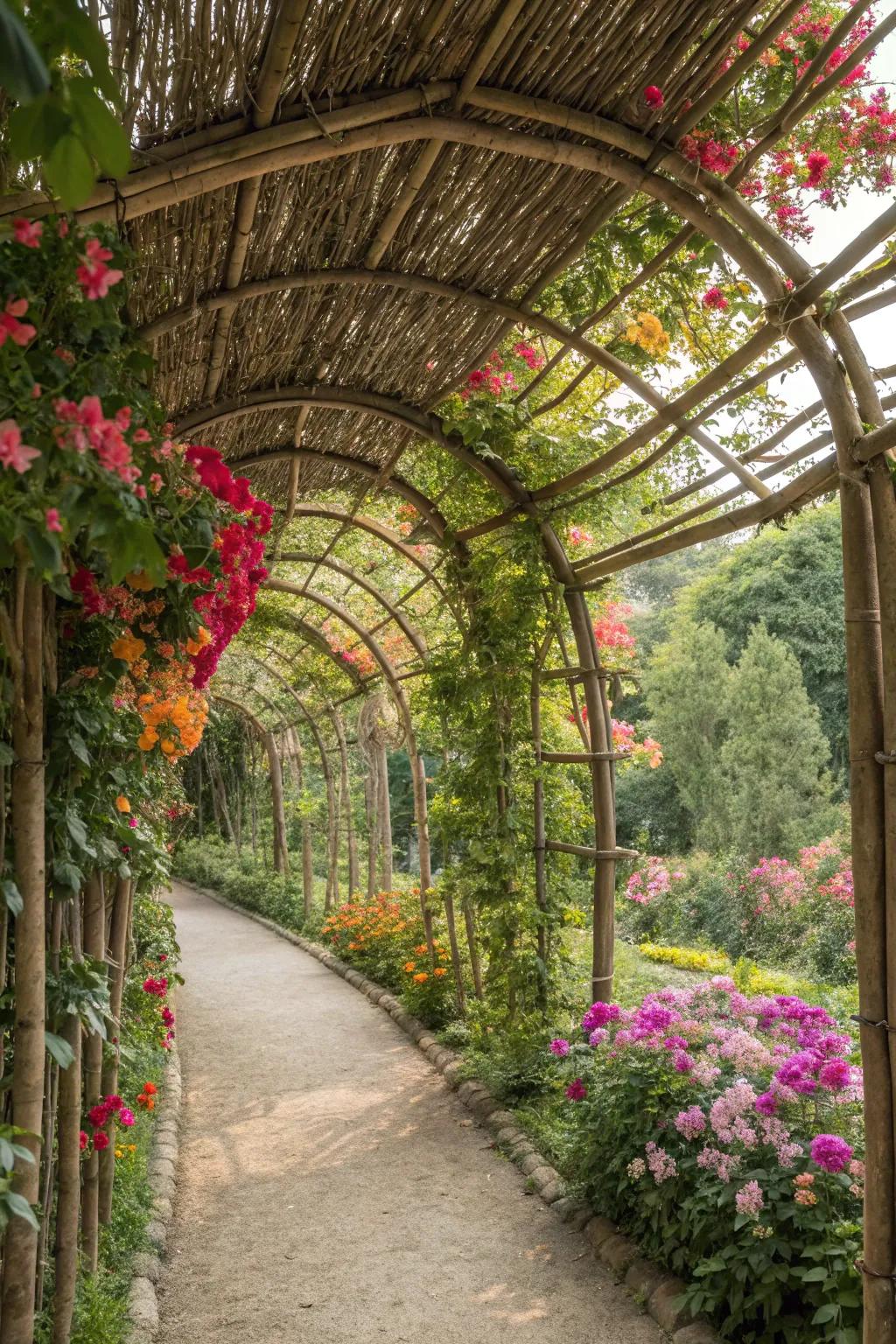 A bamboo trellis adorned with climbing plants, forming a lush living tapestry.