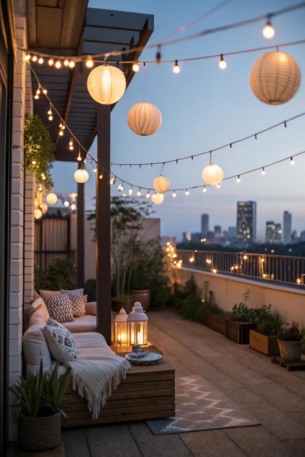 Outdoor lighting adds warmth and charm to your balcony.