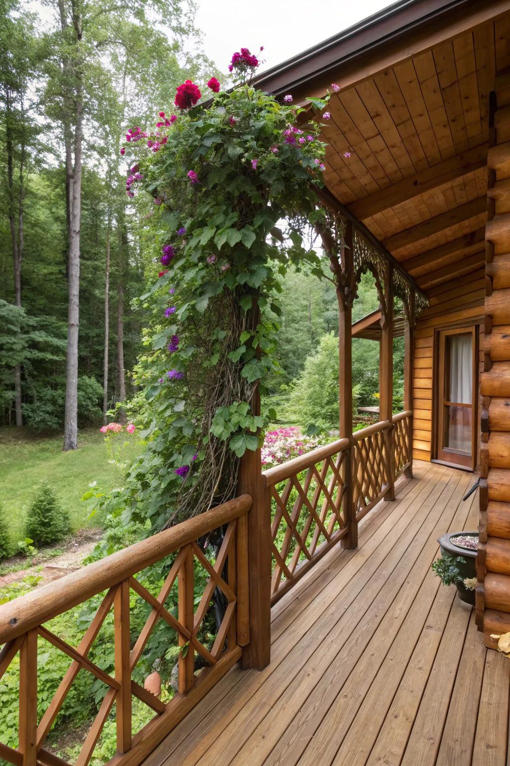 A trellis top design supports climbing plants, beautifully integrating the deck with nature.